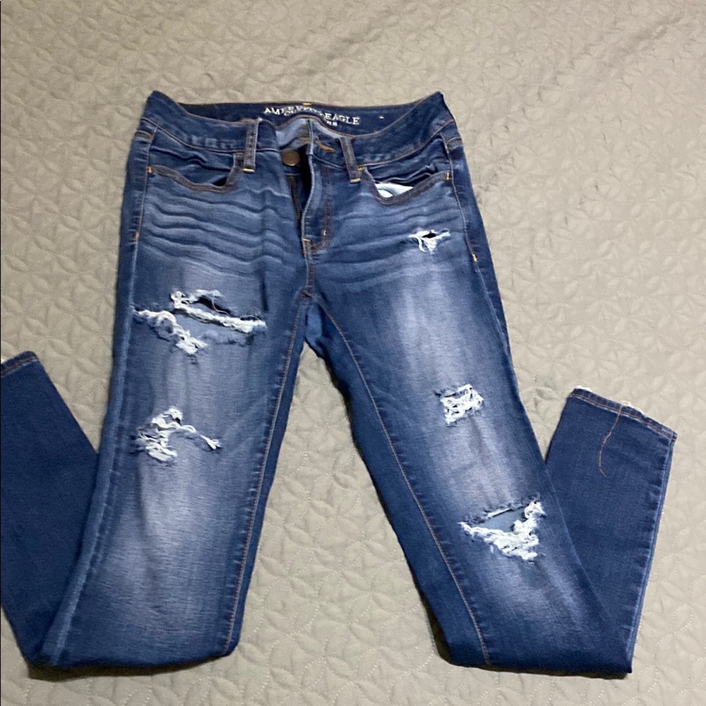 American Eagle Outfitters Blue Skinny Jeans with Distressed Details